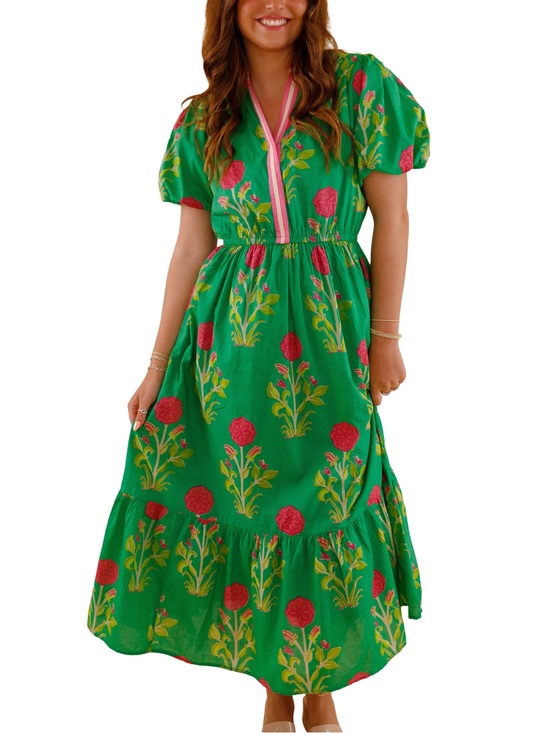THML Dresses & Skirts - 🌺🍋‍🟩THML Green Floral Maxi Dress with Pink Trim embroidered boho puff sleeve